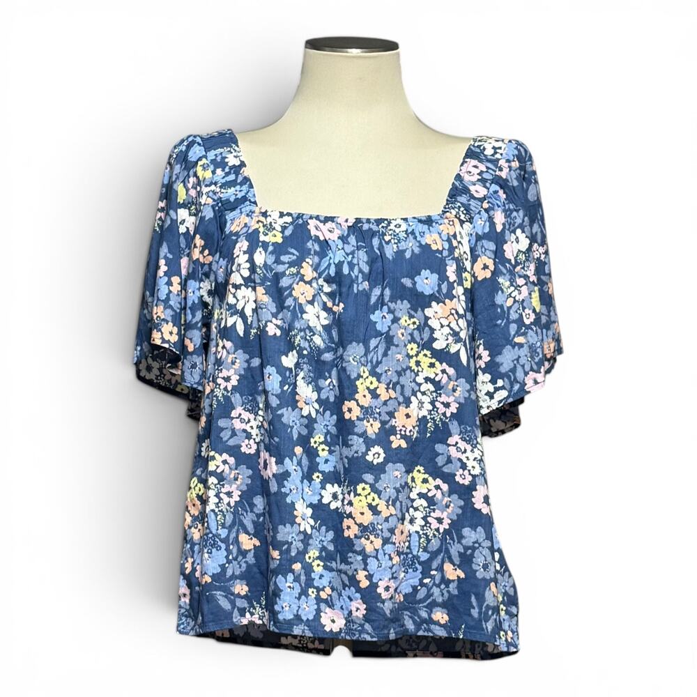 Gap Cotton Short Sleeve Square Neck Top Blue Floral Pink Yellow Medium